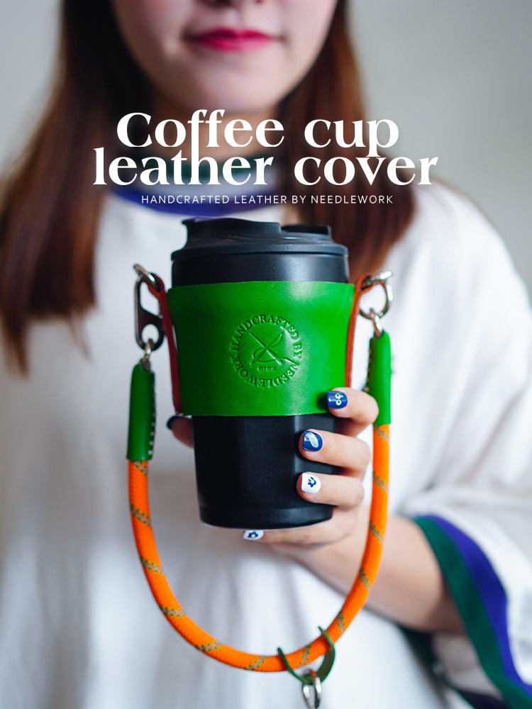 Needlework Handcrafted Cowhide Cup Sleeve - Crossbody/Handheld Protector for Travel Mugs