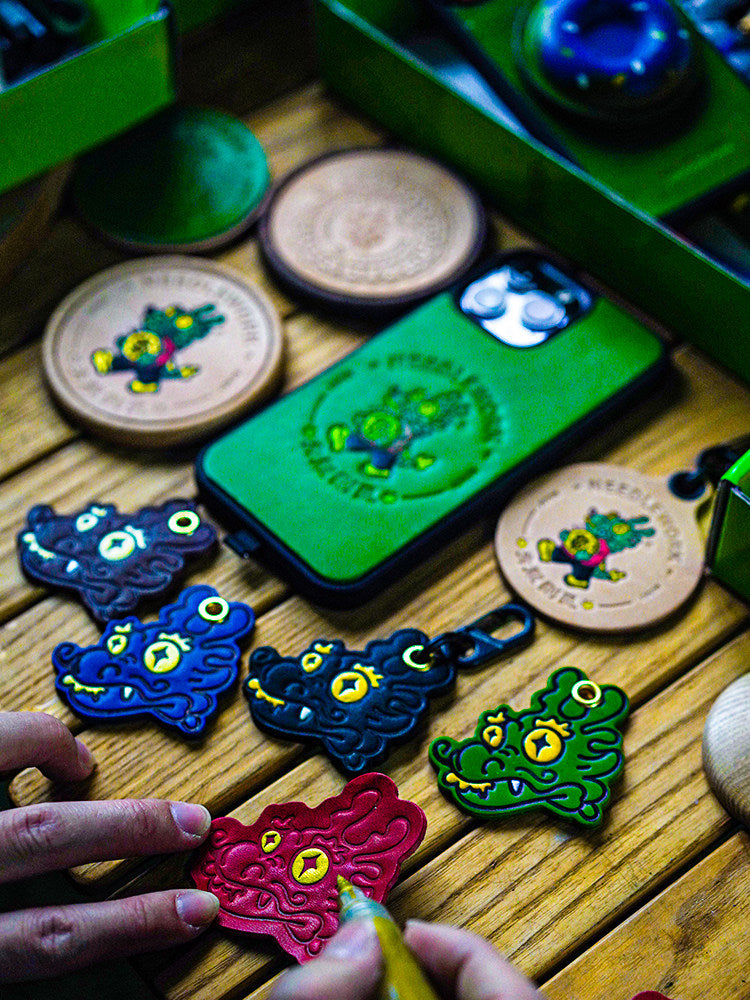 Needlework Hand-Painted Leather Lucky Dragon Character Keychain | Cowhide Bag Charm