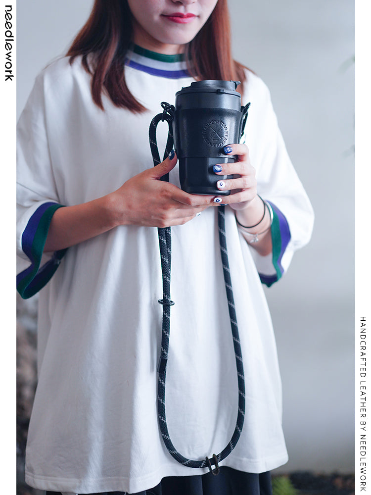 Needlework Handcrafted Cowhide Cup Sleeve - Crossbody/Handheld Protector for Travel Mugs