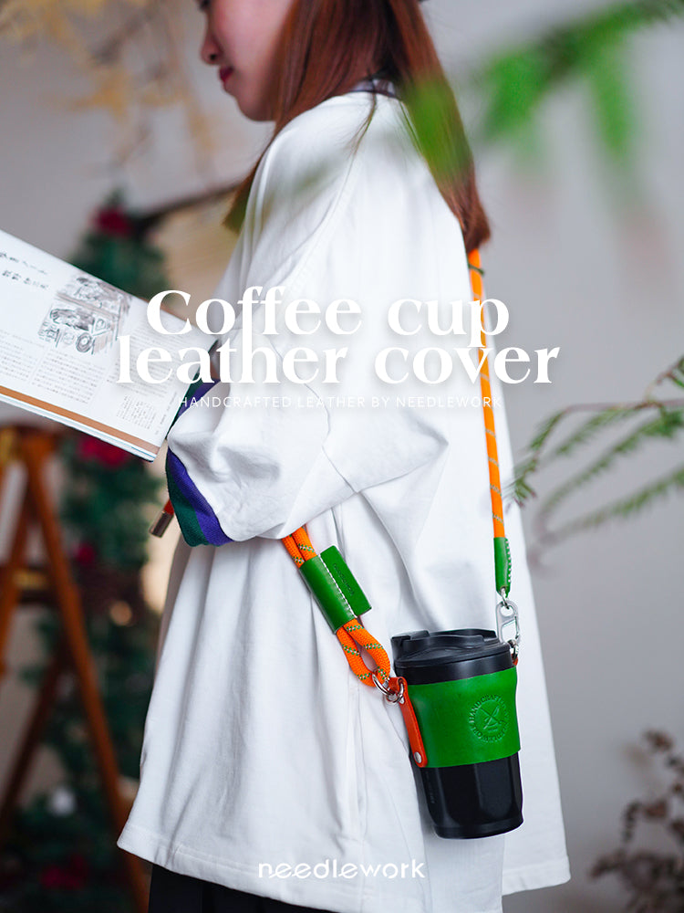 Needlework Handcrafted Cowhide Cup Sleeve - Crossbody/Handheld Protector for Travel Mugs