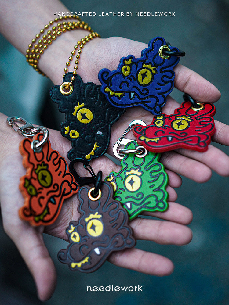 Needlework Hand-Painted Leather Lucky Dragon Character Keychain | Cowhide Bag Charm