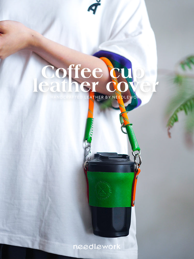 Needlework Handcrafted Cowhide Cup Sleeve - Crossbody/Handheld Protector for Travel Mugs