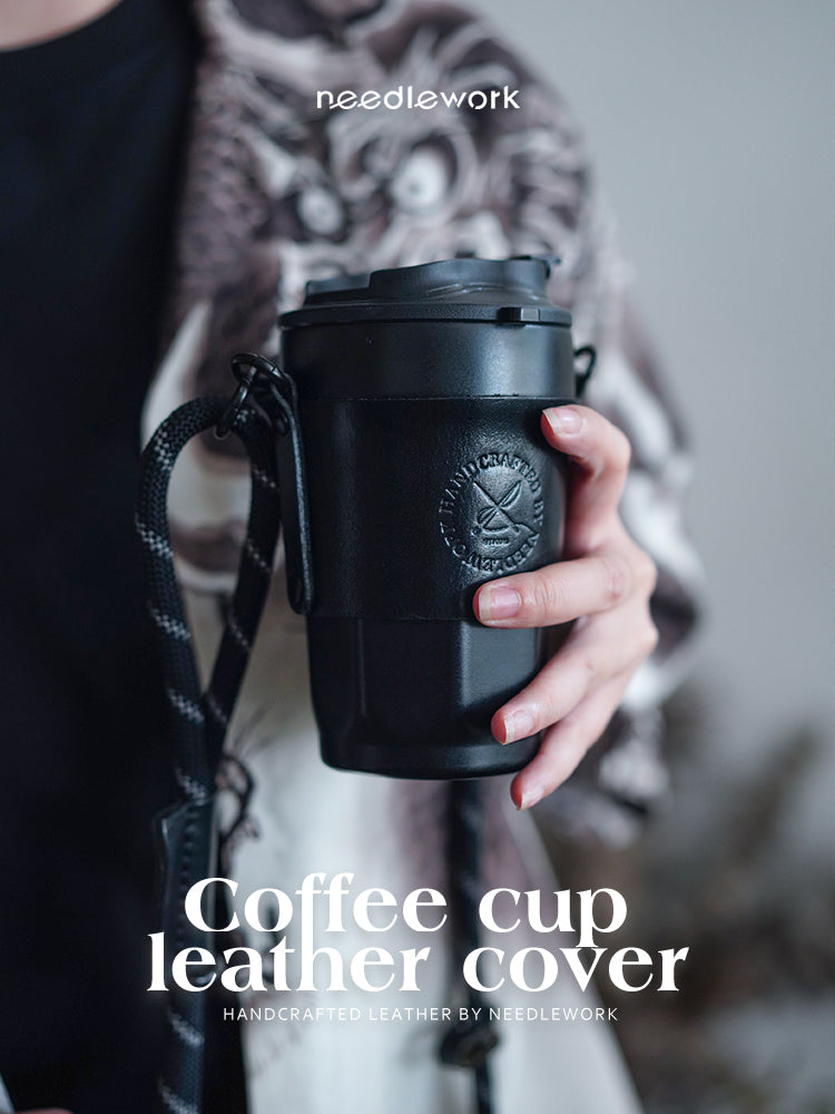 Needlework Handcrafted Cowhide Cup Sleeve - Crossbody/Handheld Protector for Travel Mugs