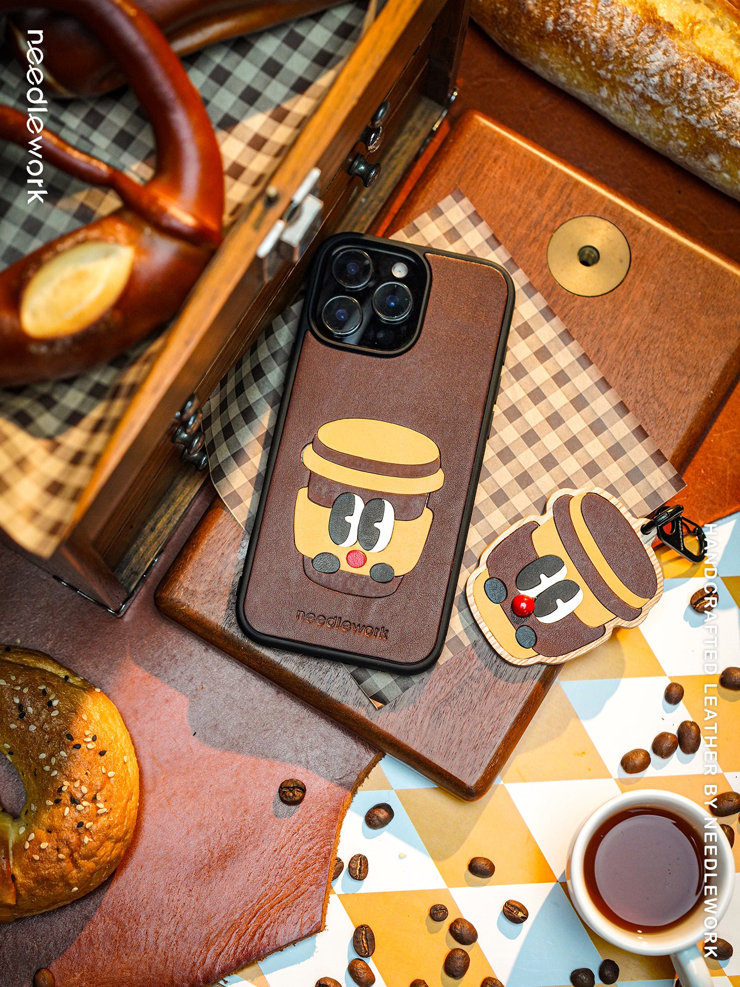 NEEDLEWORK Coffee themed Leather phone case for iPhone 14-16