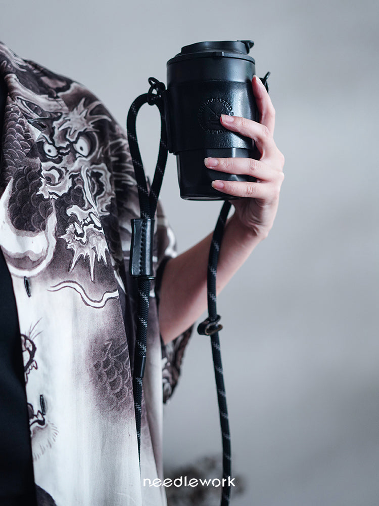 Needlework Handcrafted Cowhide Cup Sleeve - Crossbody/Handheld Protector for Travel Mugs