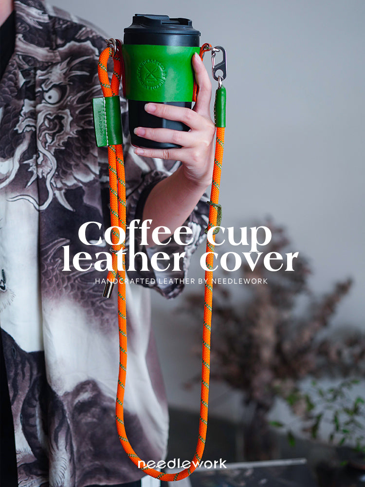 Needlework Handcrafted Cowhide Cup Sleeve - Crossbody/Handheld Protector for Travel Mugs