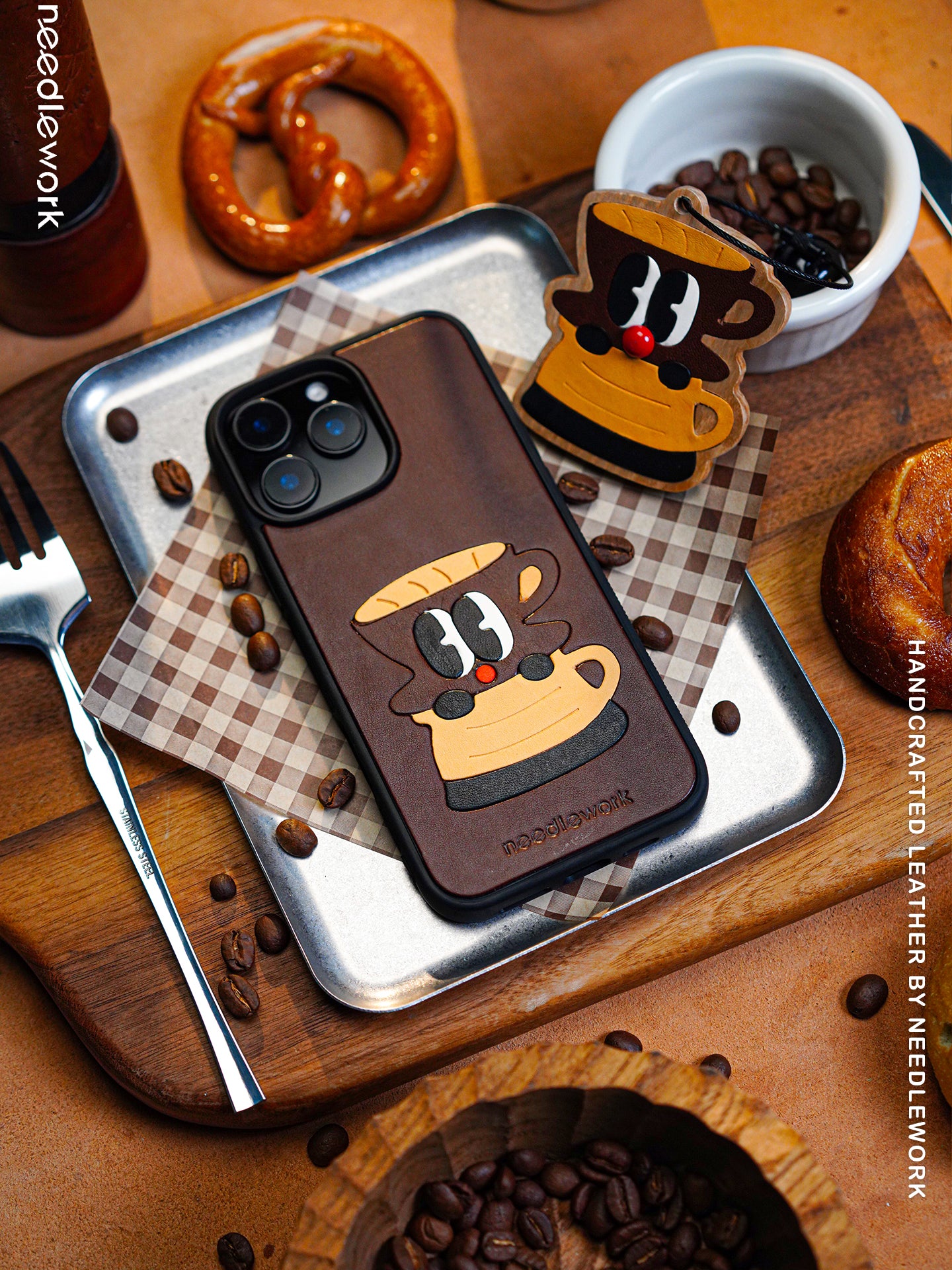 NEEDLEWORK Coffee themed Leather phone case for iPhone 14-16