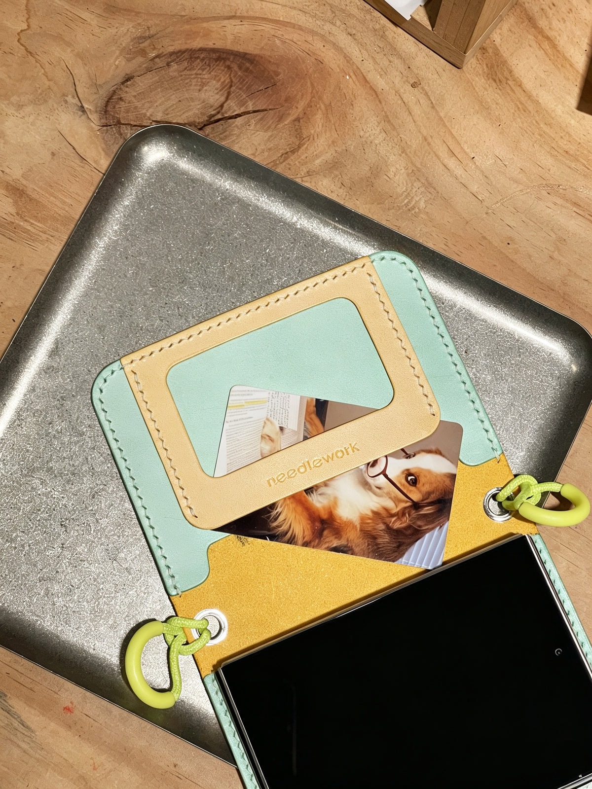 Hand-Stitched Italian Leather Wallet for iPhone Duo, Mint Green and Yellow