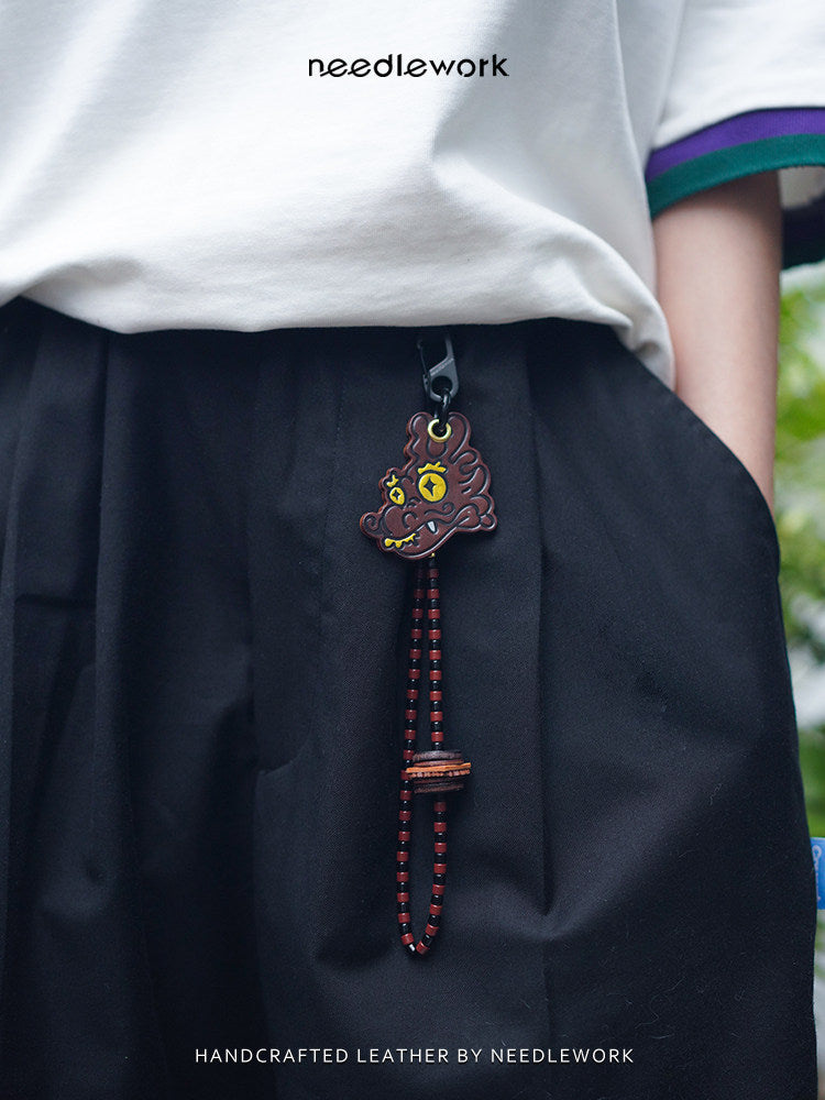 Needlework Hand-Painted Leather Lucky Dragon Character Keychain | Cowhide Bag Charm