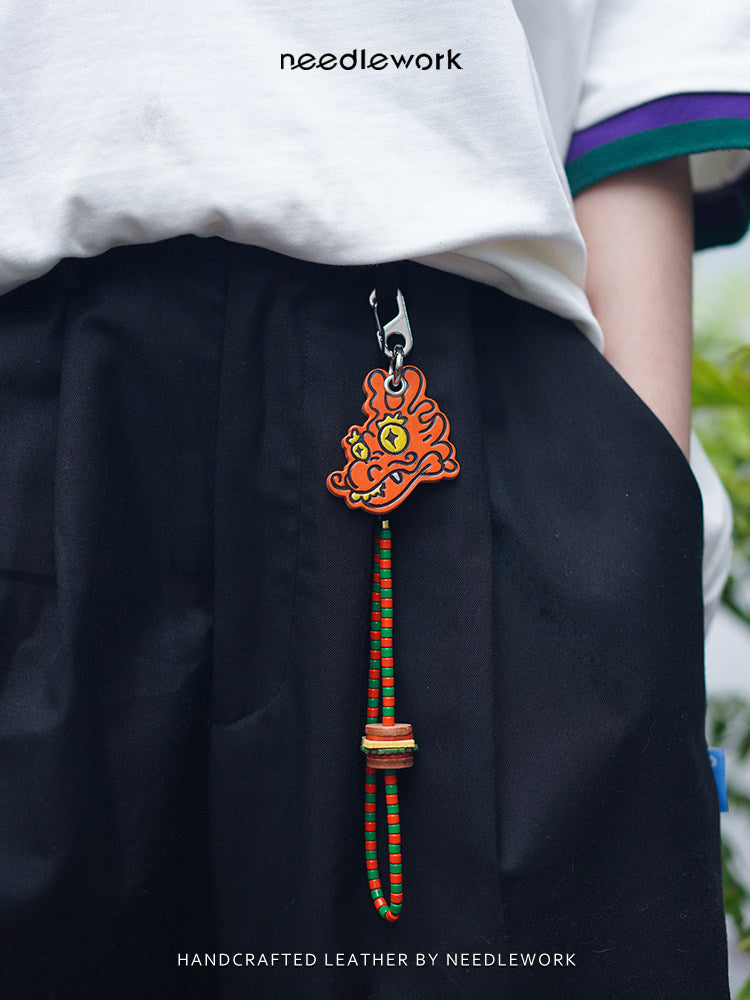 Needlework Hand-Painted Leather Lucky Dragon Character Keychain | Cowhide Bag Charm