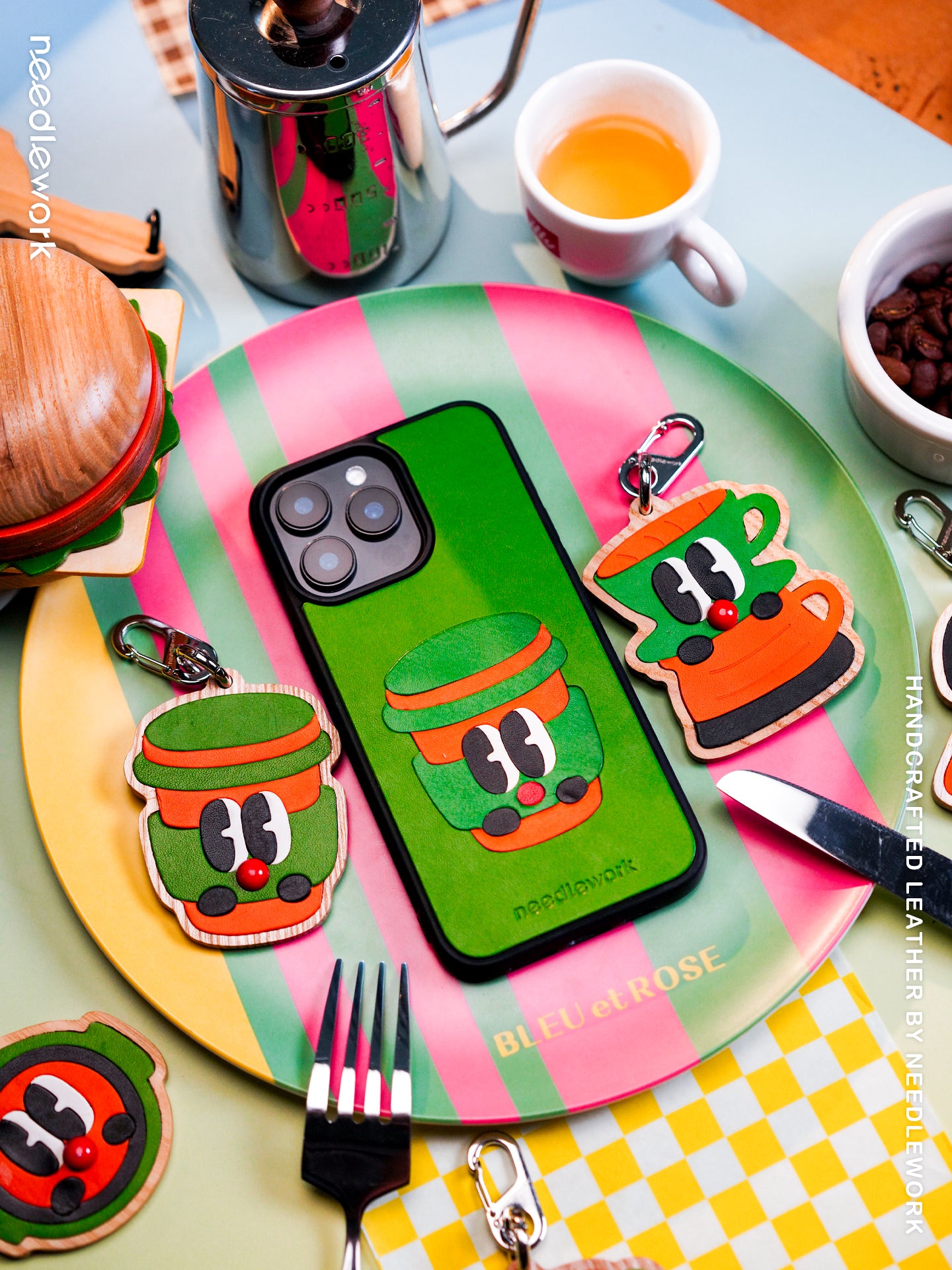 NEEDLEWORK Coffee themed Green Leather phone case for iPhone 11-13