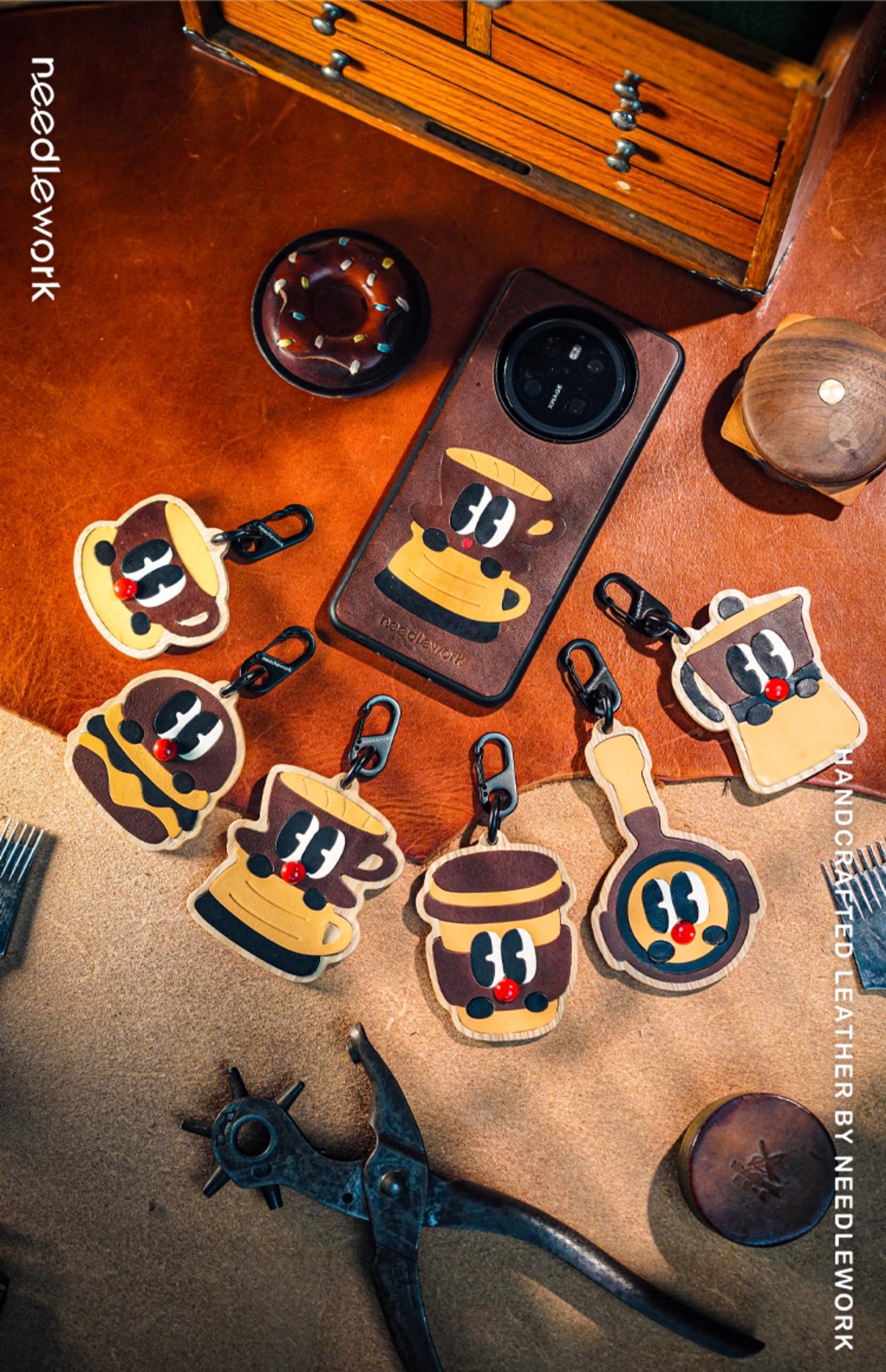 NEEDLEWORK Coffee themed Leather phone case for iPhone 14-16