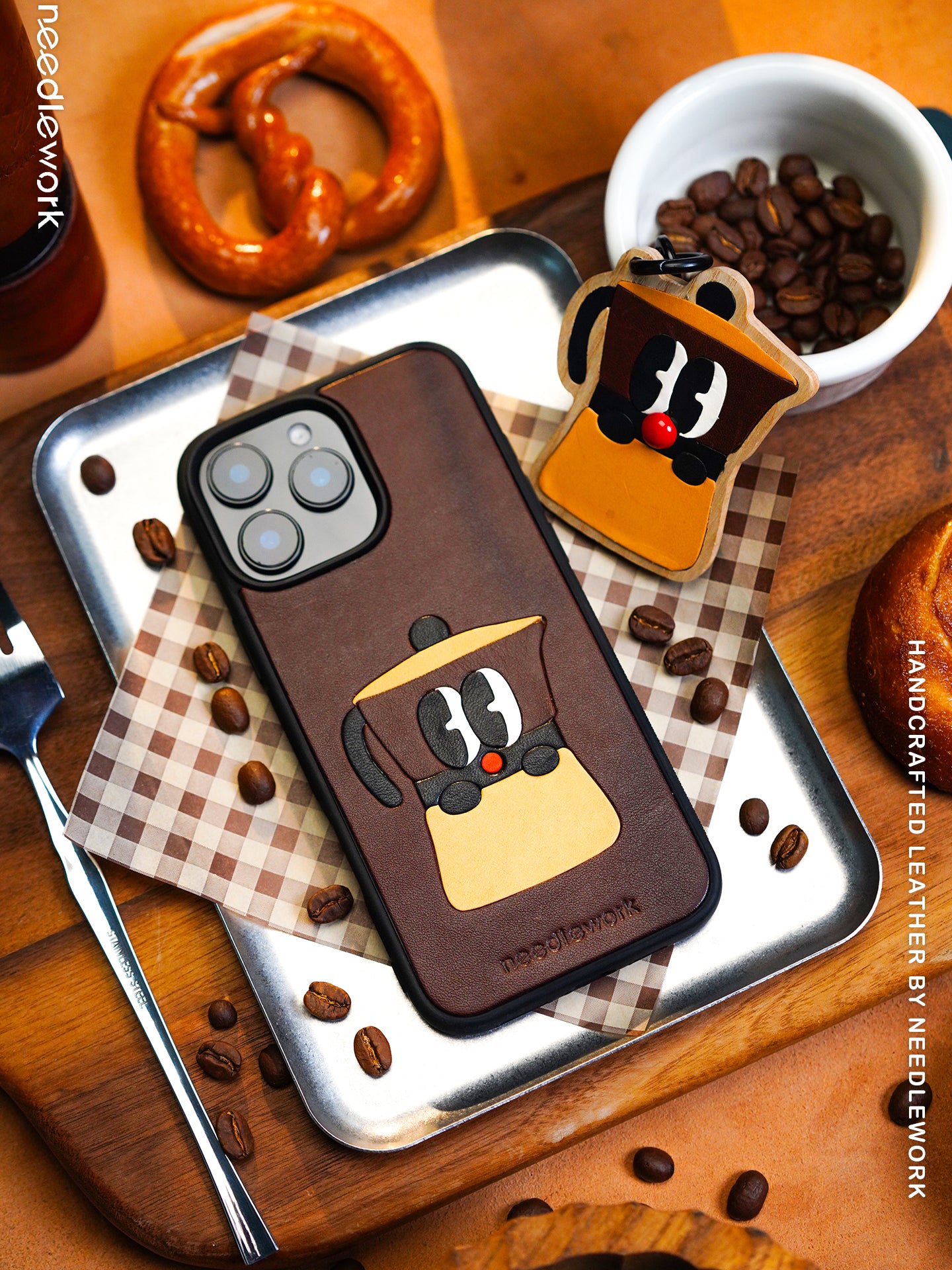 NEEDLEWORK Coffee themed Leather phone case for iPhone 14-16