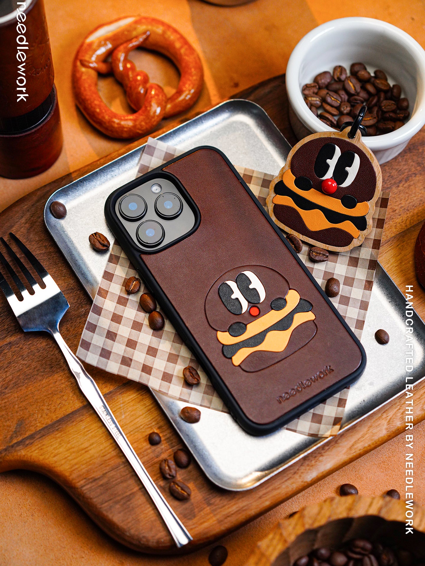 NEEDLEWORK Coffee themed Leather phone case for iPhone 14-16
