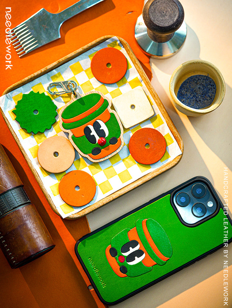 NEEDLEWORK Coffee themed Green Leather phone case for iPhone 11-13
