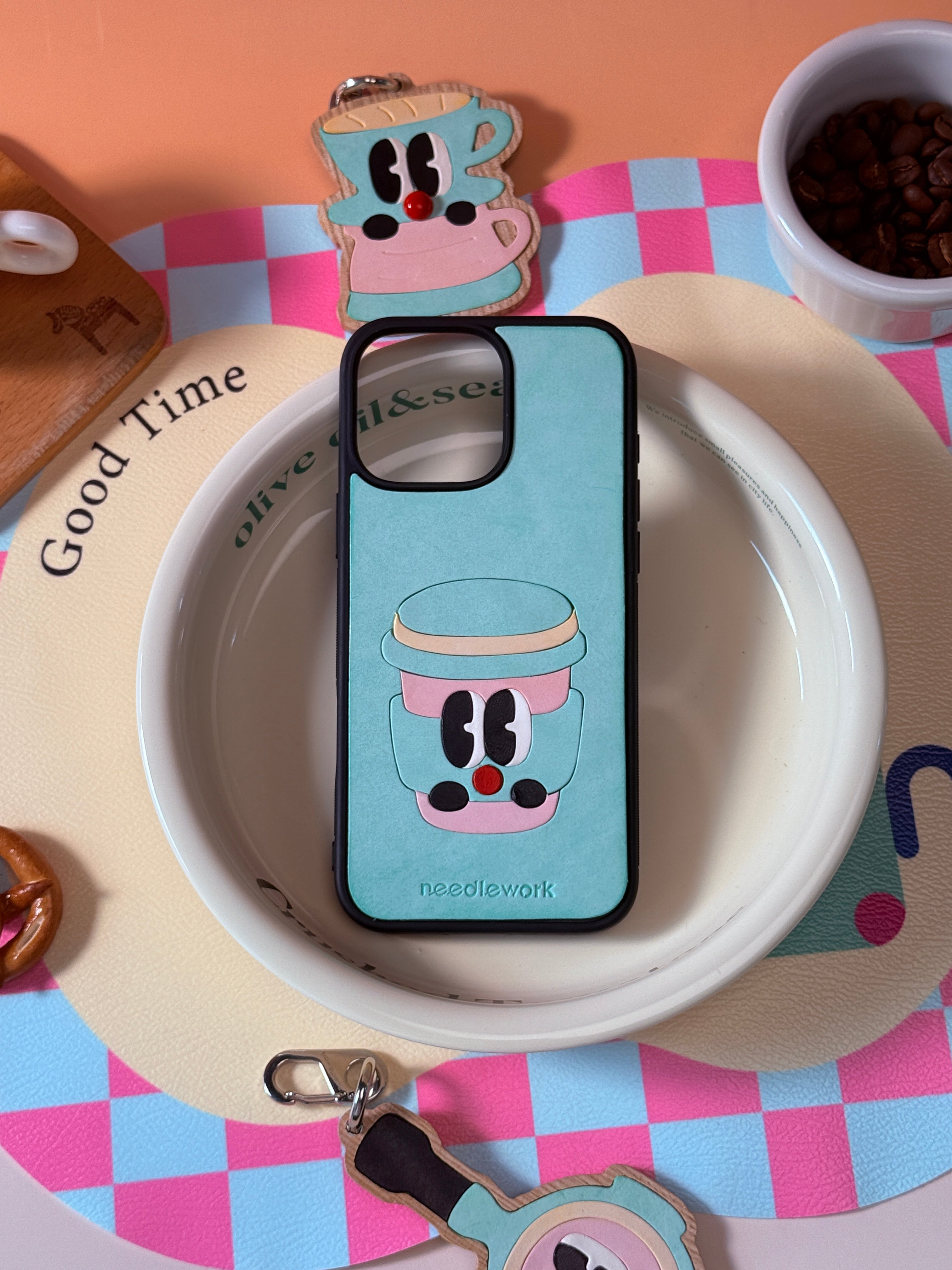 NEEDLEWORK Coffee themed Mint-pink phone case for iPhone 11-13