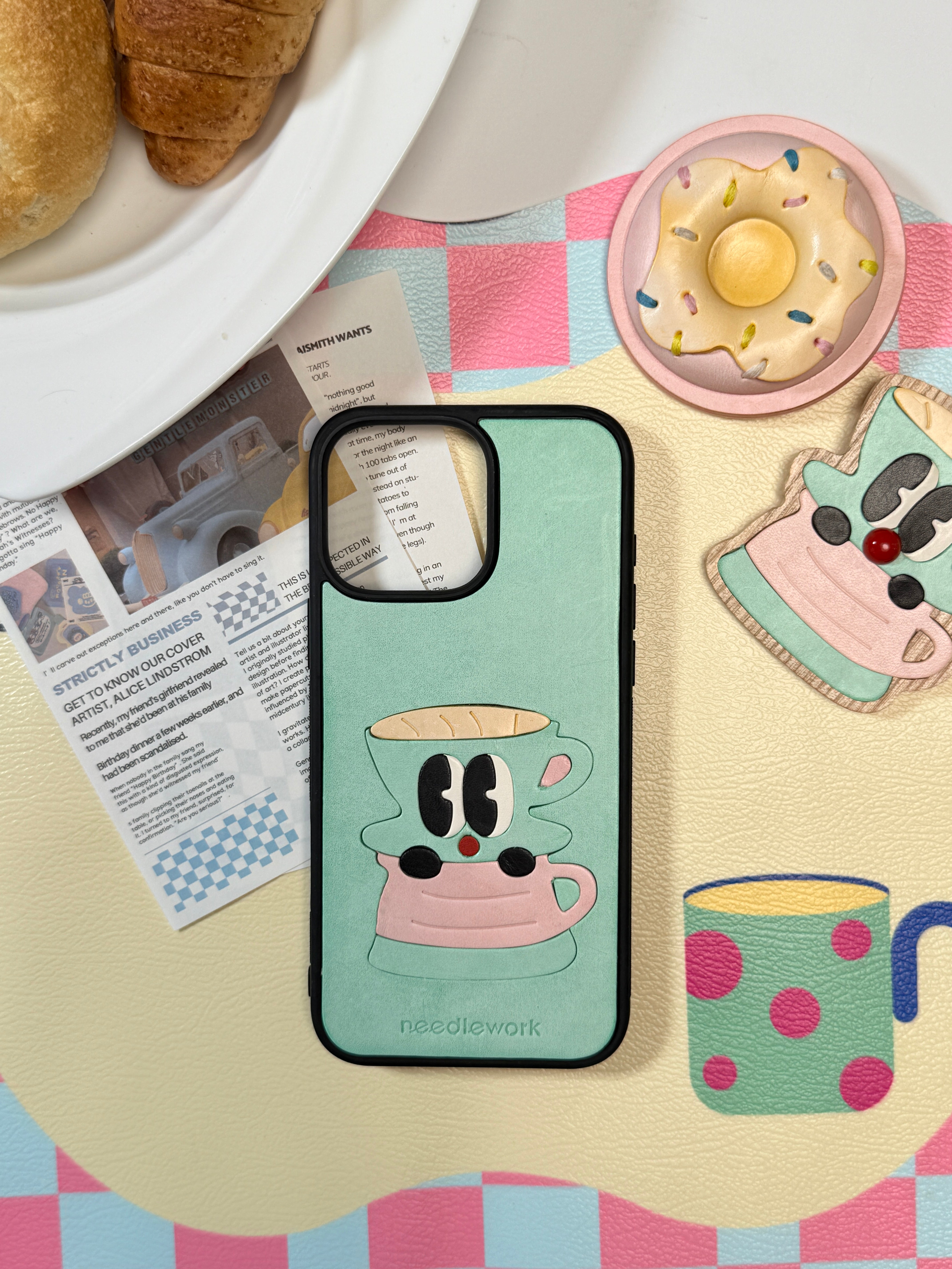 NEEDLEWORK Coffee themed Mint-pink phone case for iPhone 11-13