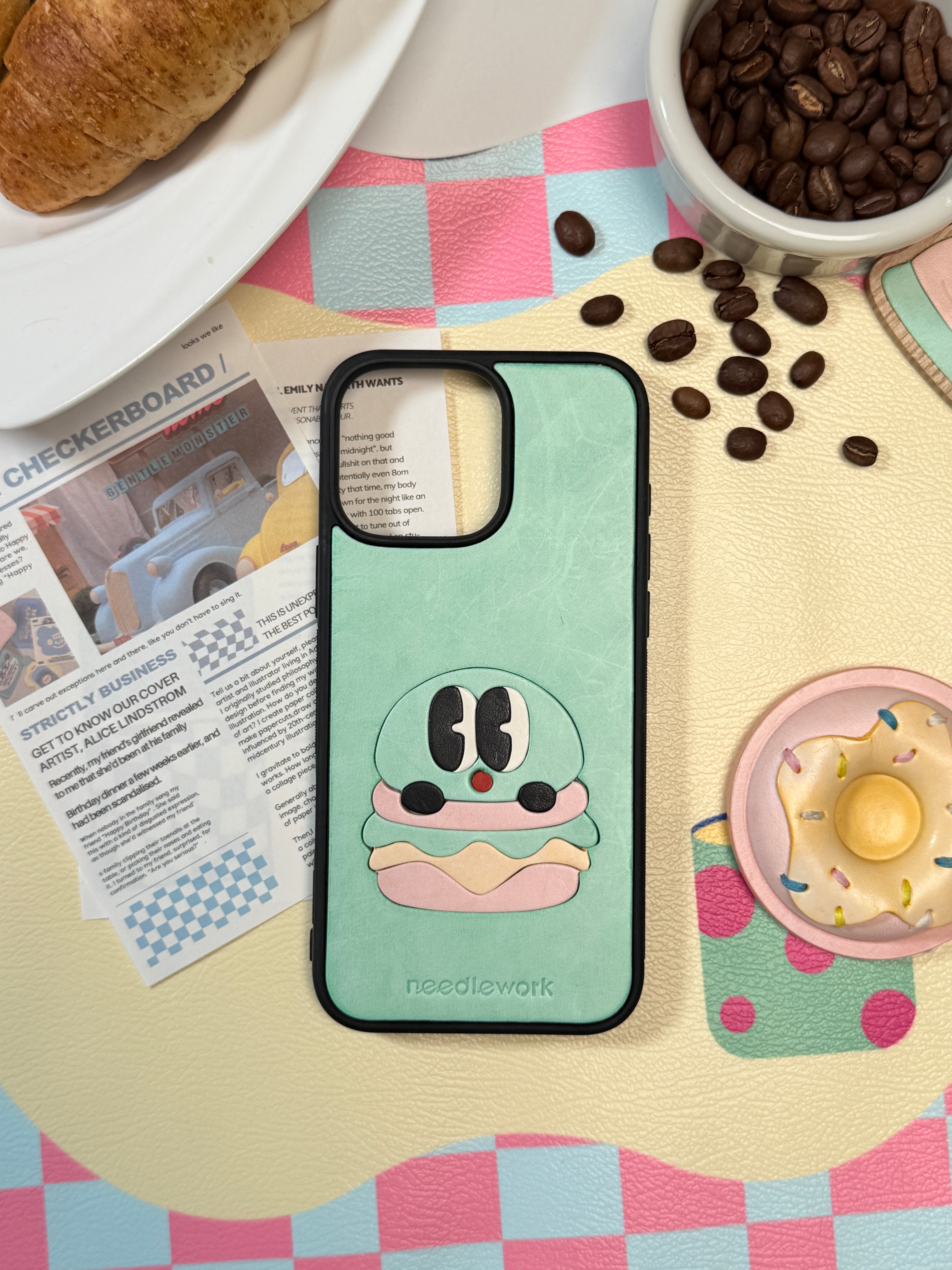 NEEDLEWORK Coffee themed Mint-pink phone case for iPhone 11-13