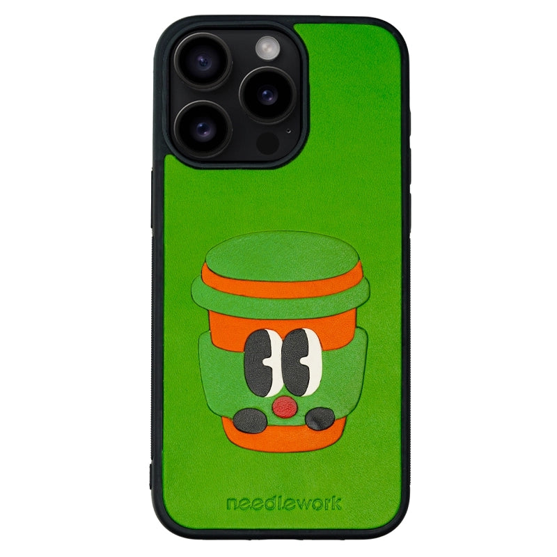 NEEDLEWORK Coffee themed Green Leather phone case for iPhone 11-13