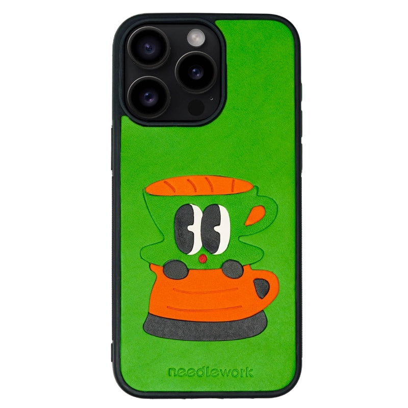 NEEDLEWORK Coffee themed Green Leather phone case for iPhone 11-13