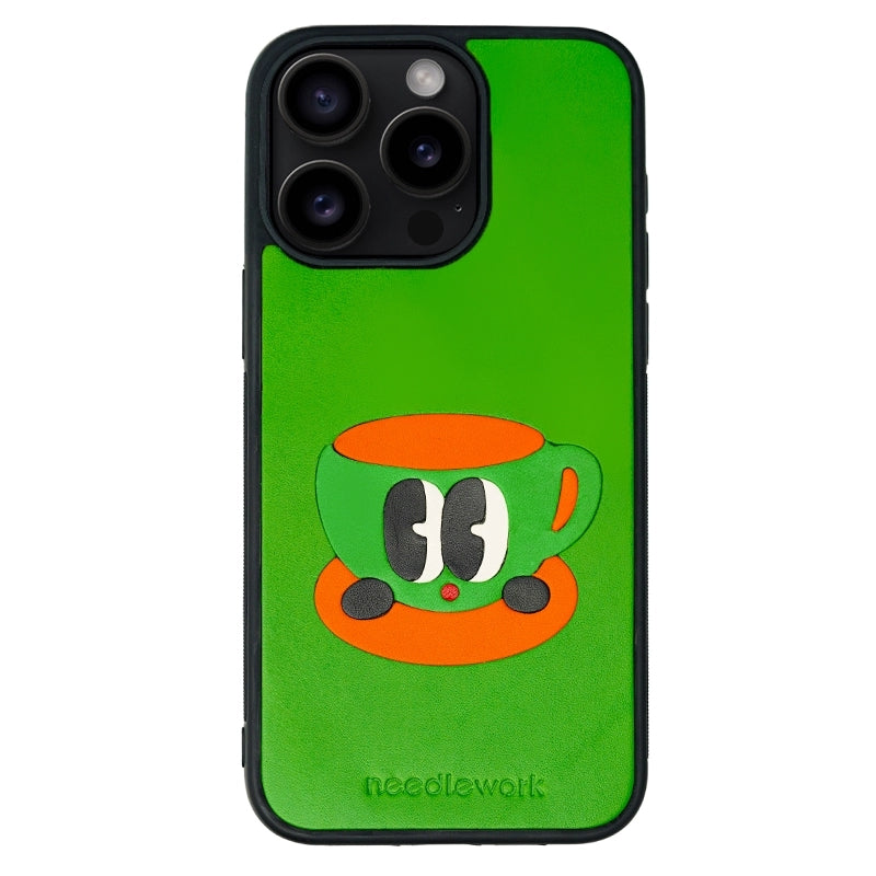 NEEDLEWORK Coffee themed Green Leather phone case for iPhone 11-13
