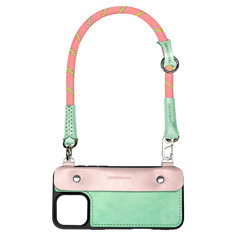 Stylish Kit! Needlework Mint-Pink Tonal iPhone 11-16 Series Wallet Phone Case Set