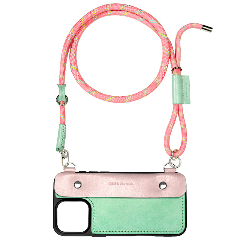 Stylish Kit! Needlework Mint-Pink Tonal iPhone 11-16 Series Wallet Phone Case Set