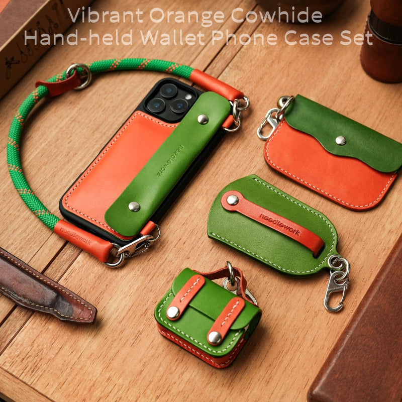 Stylish Kit! Needlework Vibrant Orange iPhone 11-16 Series Wallet Phone Case Set