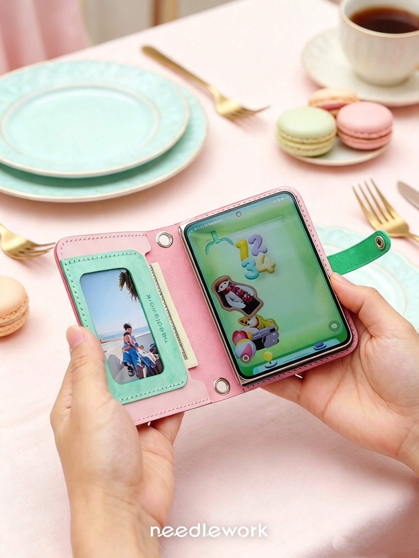 Samsung Galaxy Z Fold8 Leather Wallet Mint-pink Case with Photo Window & Strap
