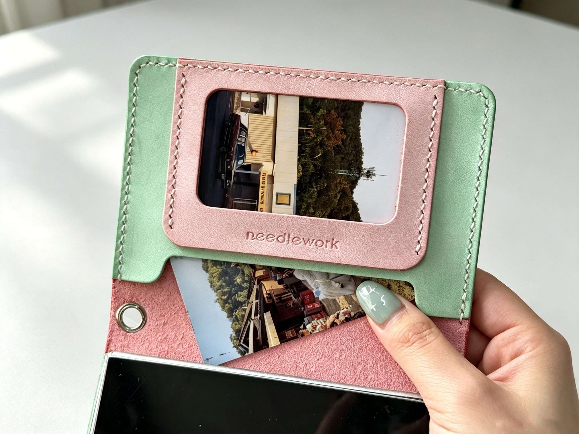 Samsung Galaxy Z Fold8 Leather Wallet Mint-pink Case with Photo Window & Strap