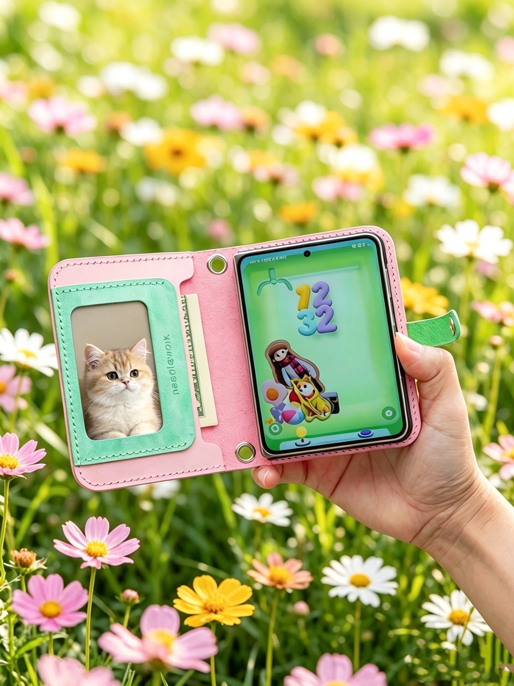 Samsung Galaxy Z Fold8 Leather Wallet Mint-pink Case with Photo Window & Strap