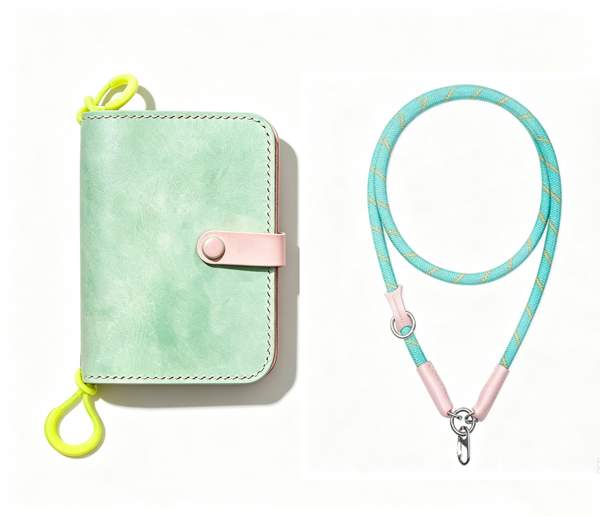 Hand-Stitched Italian Leather Wallet for iPhone Duo, Mint Green and Yellow