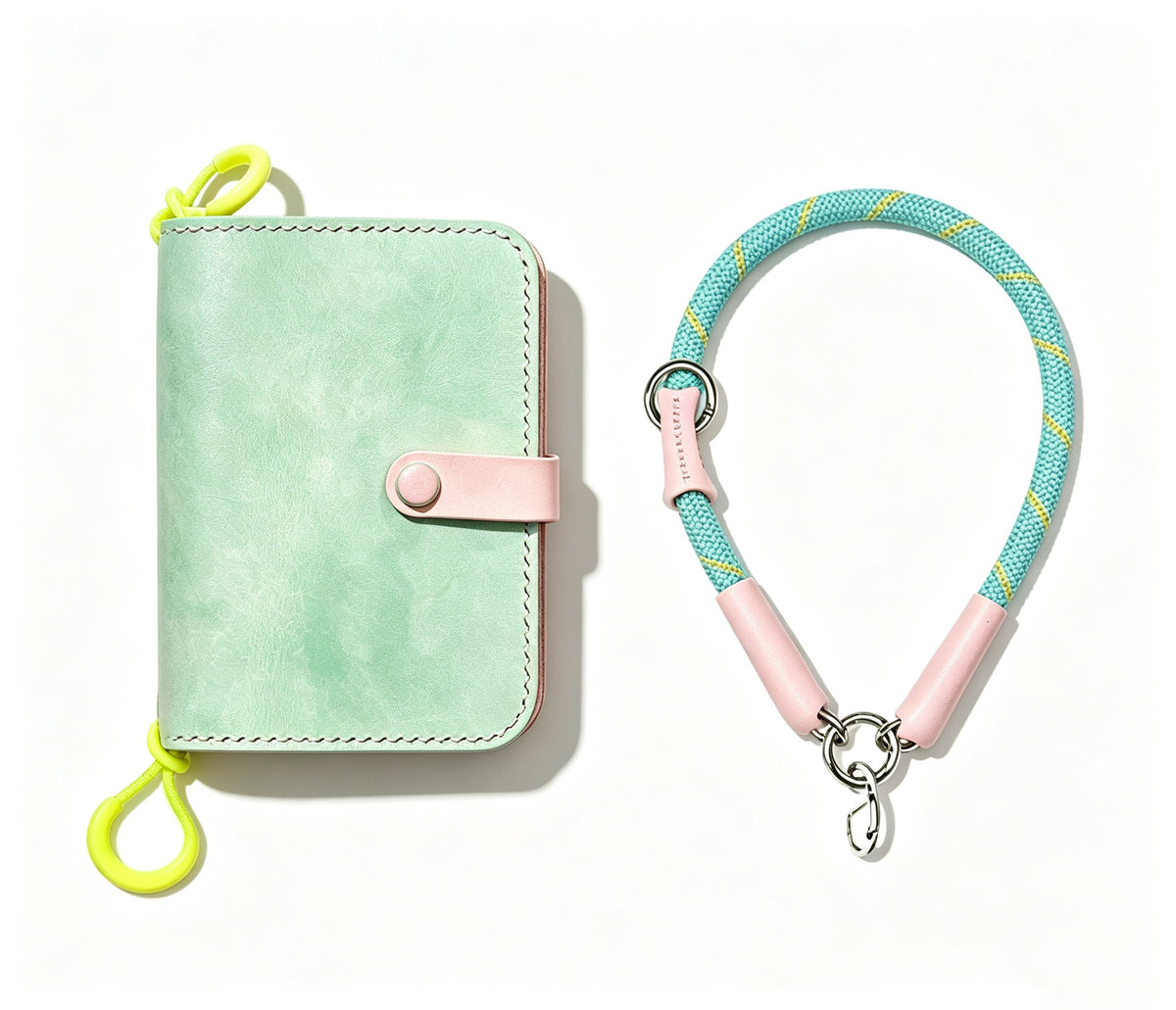 Hand-Stitched Italian Leather Wallet for iPhone Duo, Mint Green and Yellow