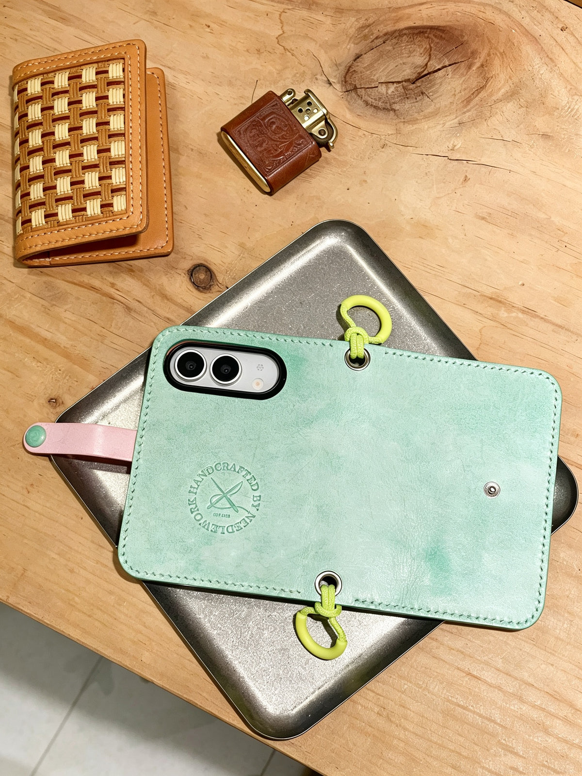 Hand-Stitched Italian Leather Wallet for iPhone Duo, Mint Green and Yellow
