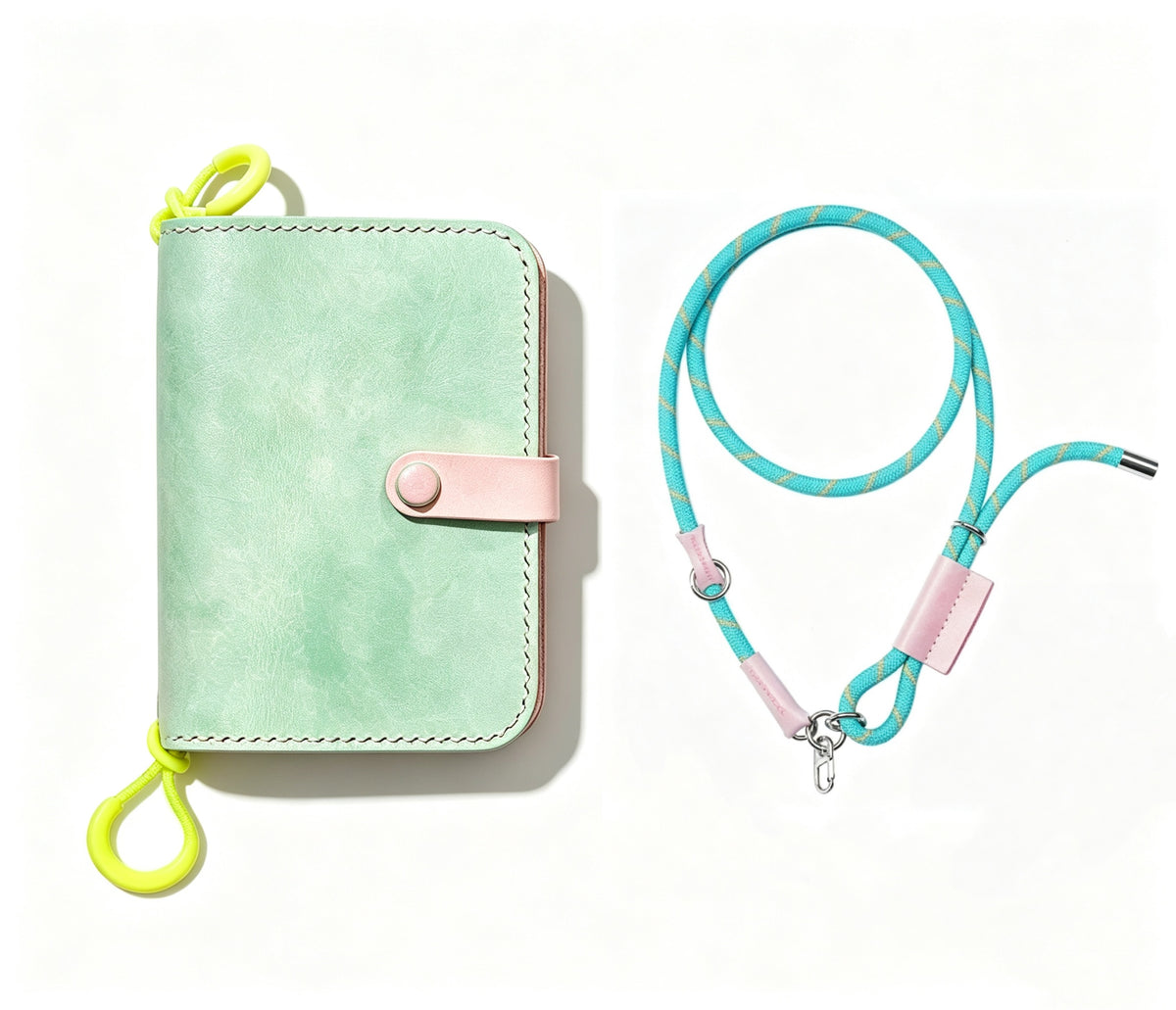 Hand-Stitched Italian Leather Wallet for iPhone Duo, Mint Green and Yellow