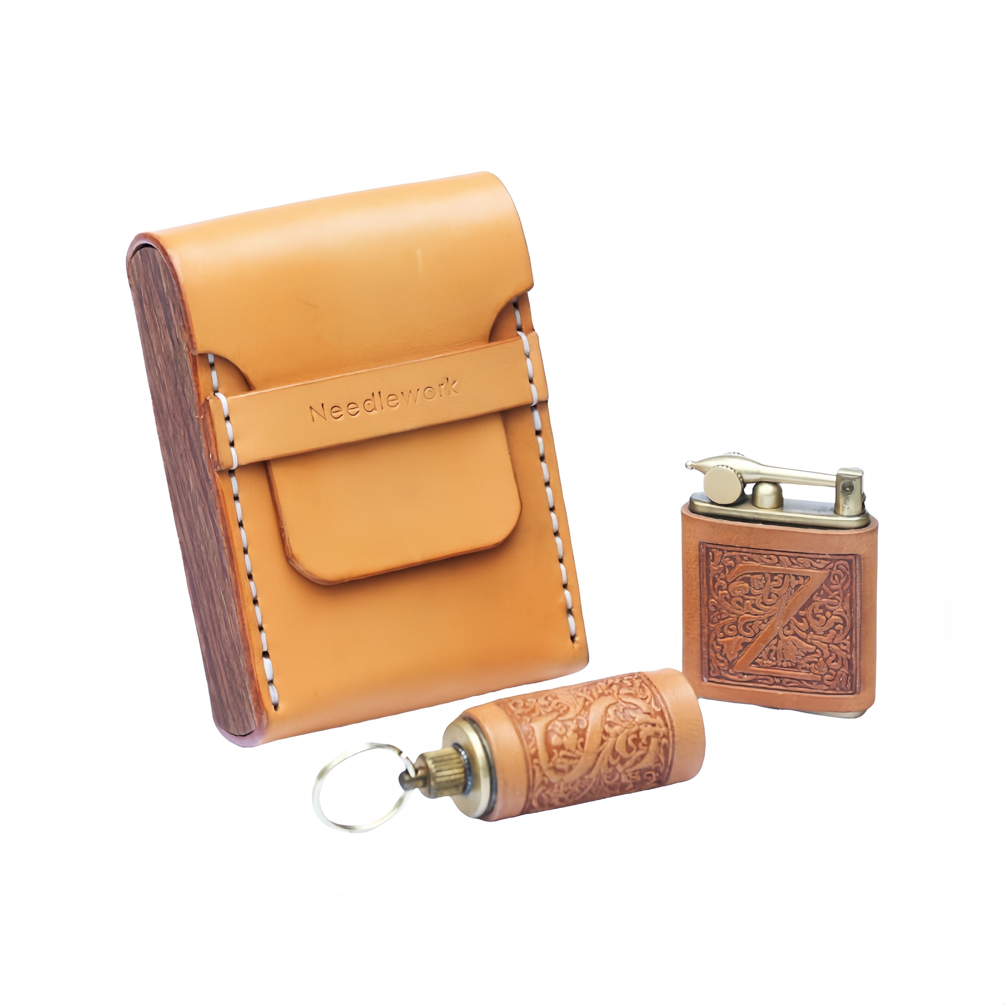 NEEDLEWORK Retro Leather Cigarette cases &Oil bottle lighter set