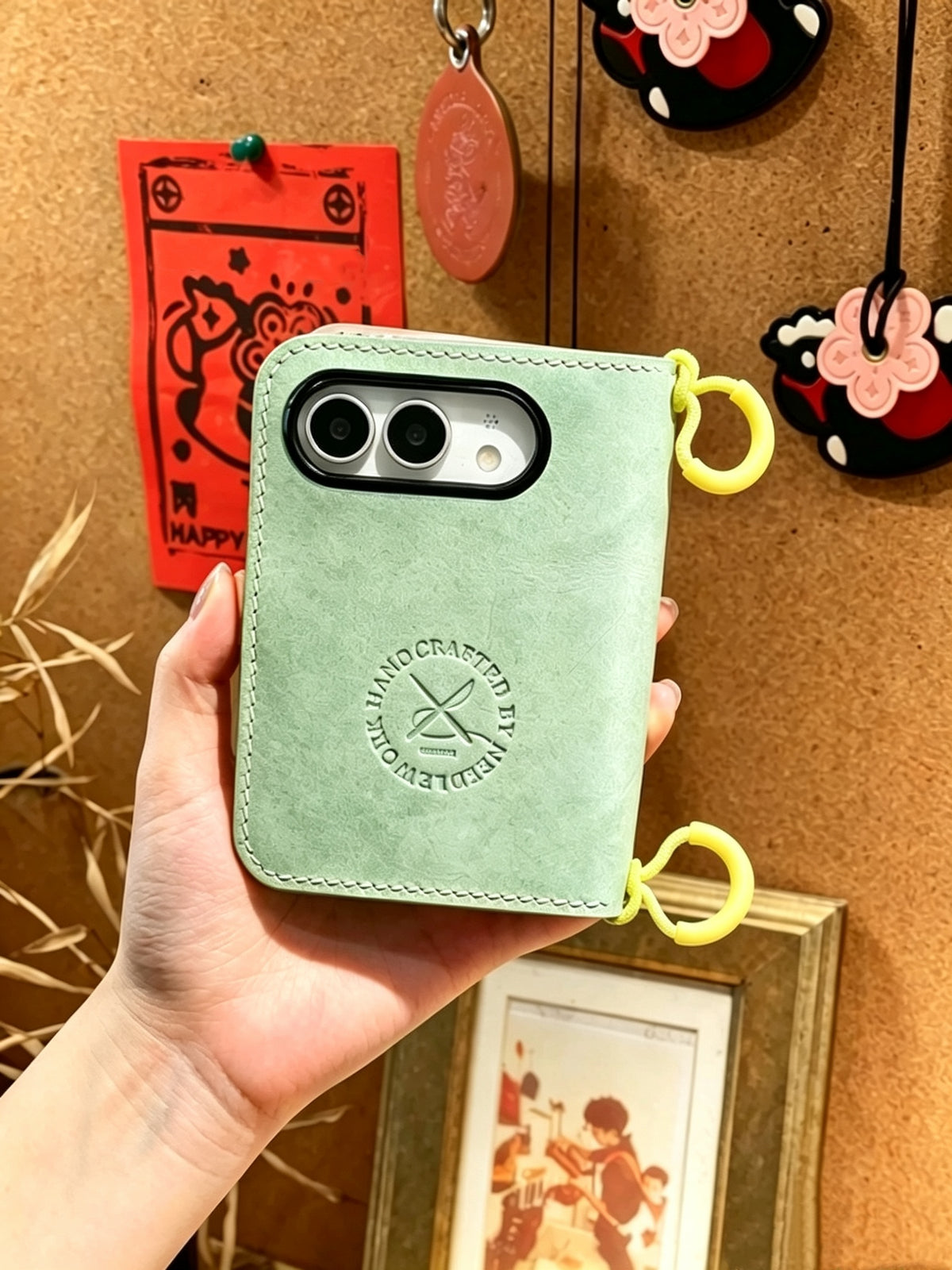 Hand-Stitched Italian Leather Wallet for iPhone Duo, Mint Green and Yellow