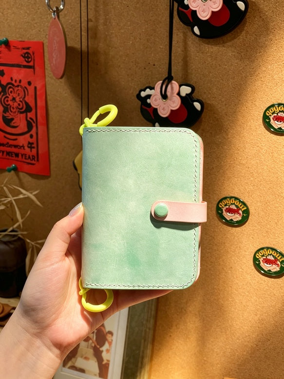 Hand-Stitched Italian Leather Wallet for iPhone Duo, Mint Green and Yellow