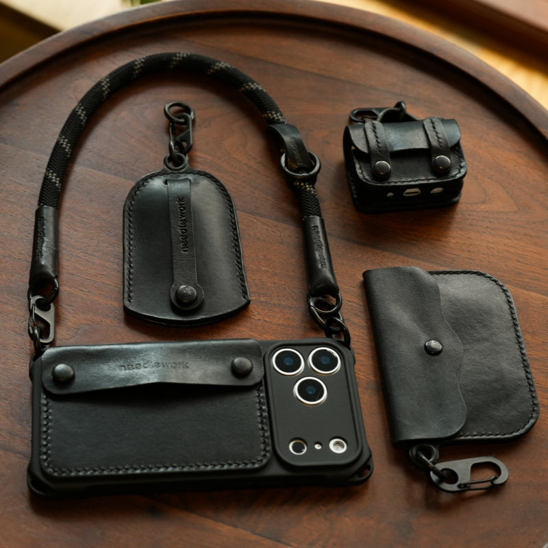 Stylish Kit! Needlework Classic-black Style iPhone 17 Series Leather Wallet Phone Case Set