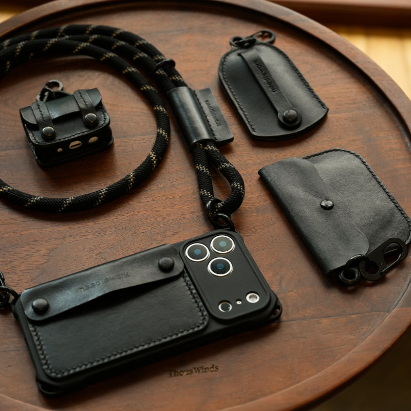 Stylish Kit! Needlework Classic-black Style iPhone 17 Series Leather Wallet Phone Case Set