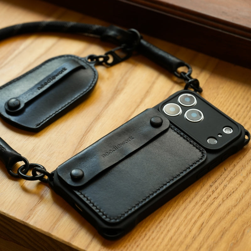 Stylish Kit! Needlework Classic-black Style iPhone 17 Series Leather Wallet Phone Case Set