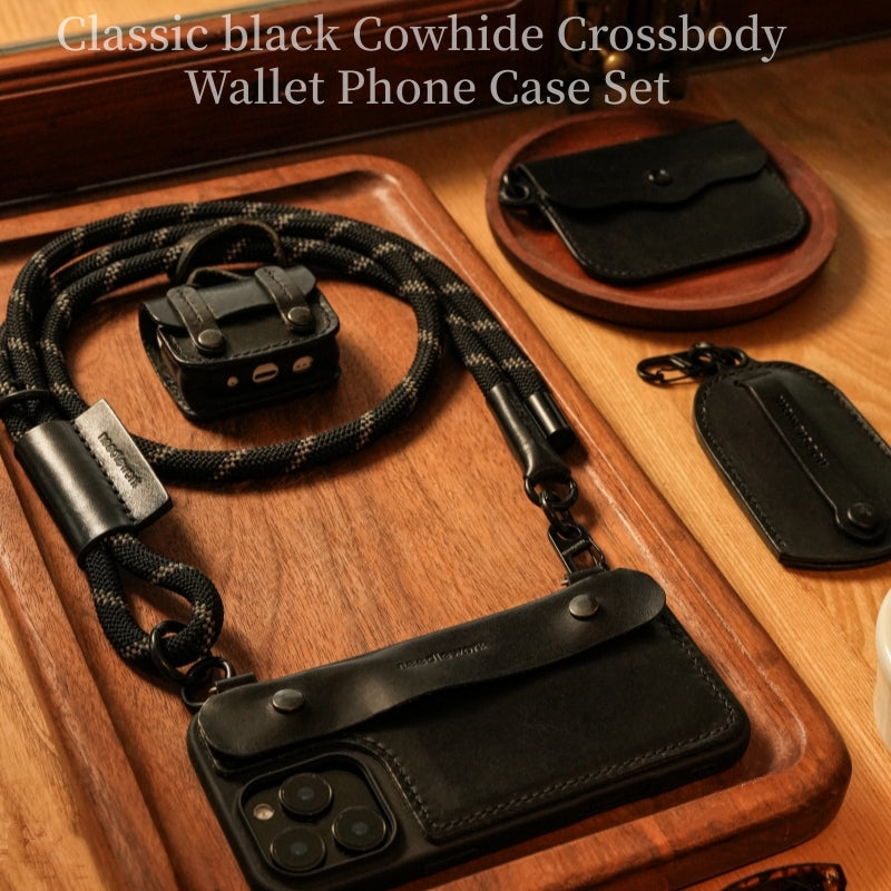 Stylish Kit! Needlework Classic black iPhone 11-16 Series Wallet Phone Case Set