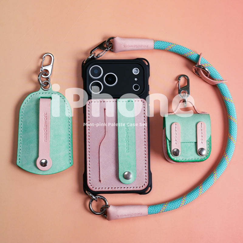 Stylish Kit! Needlework Mint Pink Palette iPhone 17 Series Leather Card Holder Phone Case Set