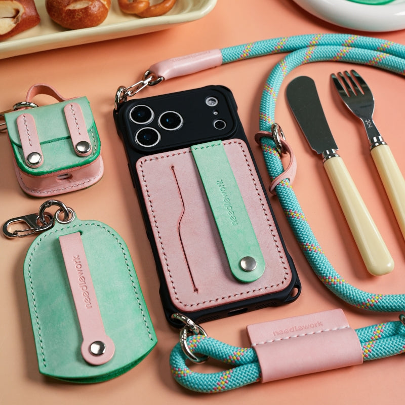 Stylish Kit! Needlework Mint Pink Palette iPhone 17 Series Leather Card Holder Phone Case Set