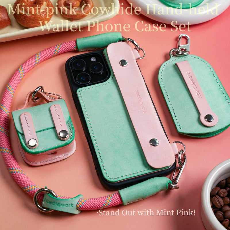 Stylish Kit! Needlework Mint-Pink Tonal iPhone 11-16 Series Wallet Phone Case Set