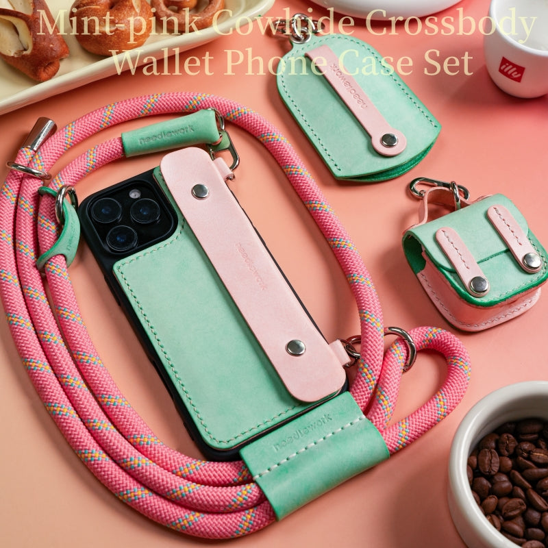 Stylish Kit! Needlework Mint-Pink Tonal iPhone 11-16 Series Wallet Phone Case Set