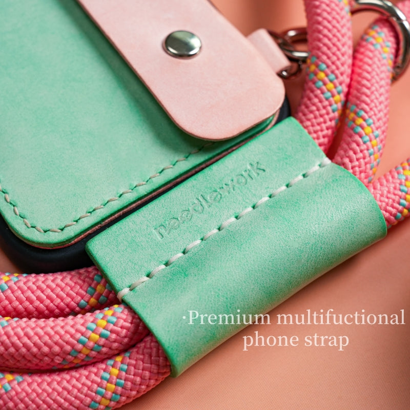 Stylish Kit! Needlework Mint-Pink Tonal iPhone 11-16 Series Wallet Phone Case Set