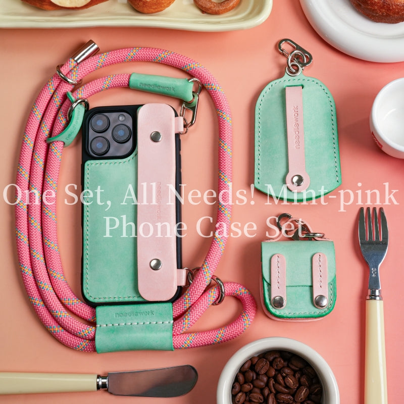 Stylish Kit! Needlework Mint-Pink Tonal iPhone 11-16 Series Wallet Phone Case Set