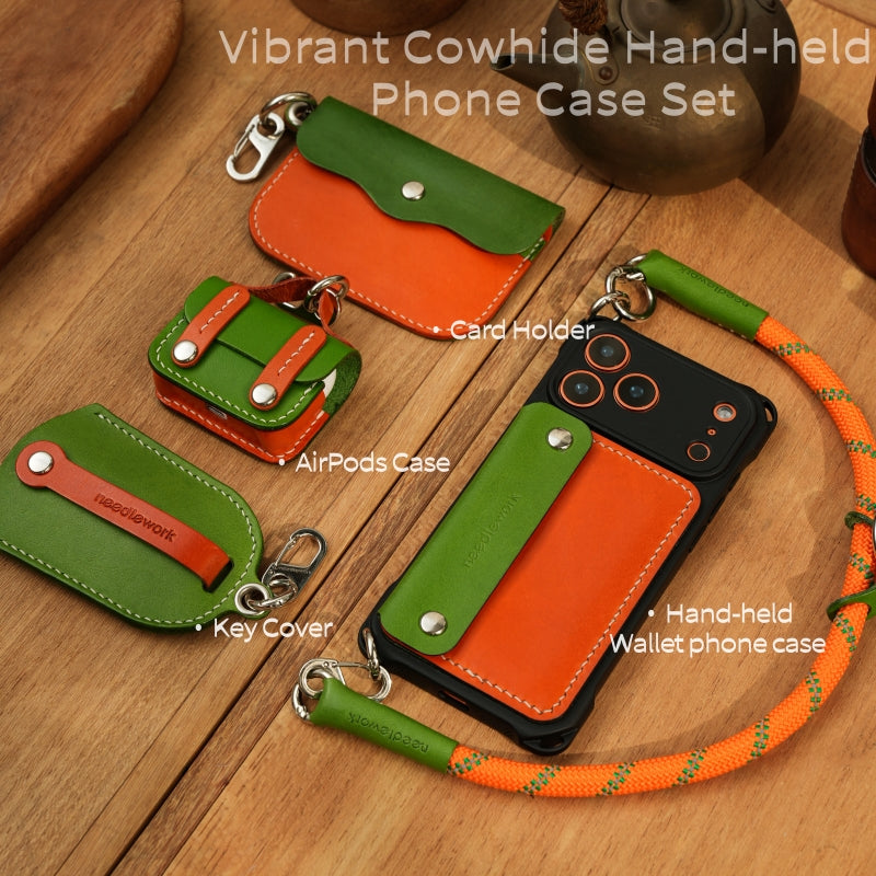Stylish Kit! Needlework Vibrant Orange iPhone 17 Series Cowhide Wallet Phone Case Set