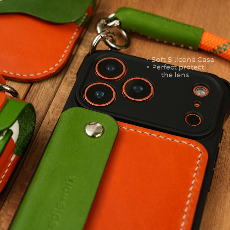 Stylish Kit! Needlework Vibrant Orange iPhone 17 Series Cowhide Wallet Phone Case Set